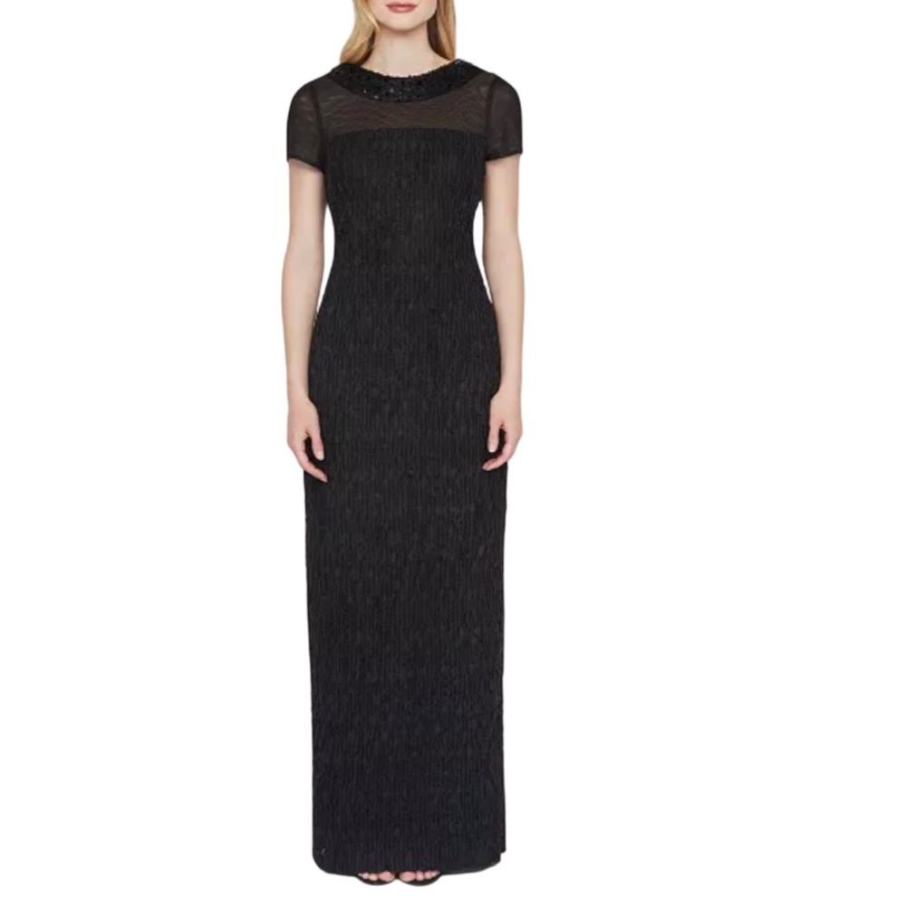 JS Collection Inaya Column Collared Gown V Back Sequin Textured Illusion Size 14
